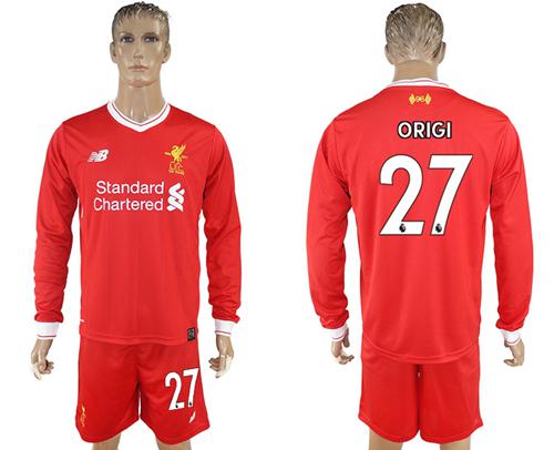 Liverpool #27 Origi Home Long Sleeves Soccer Club Jersey - Click Image to Close
